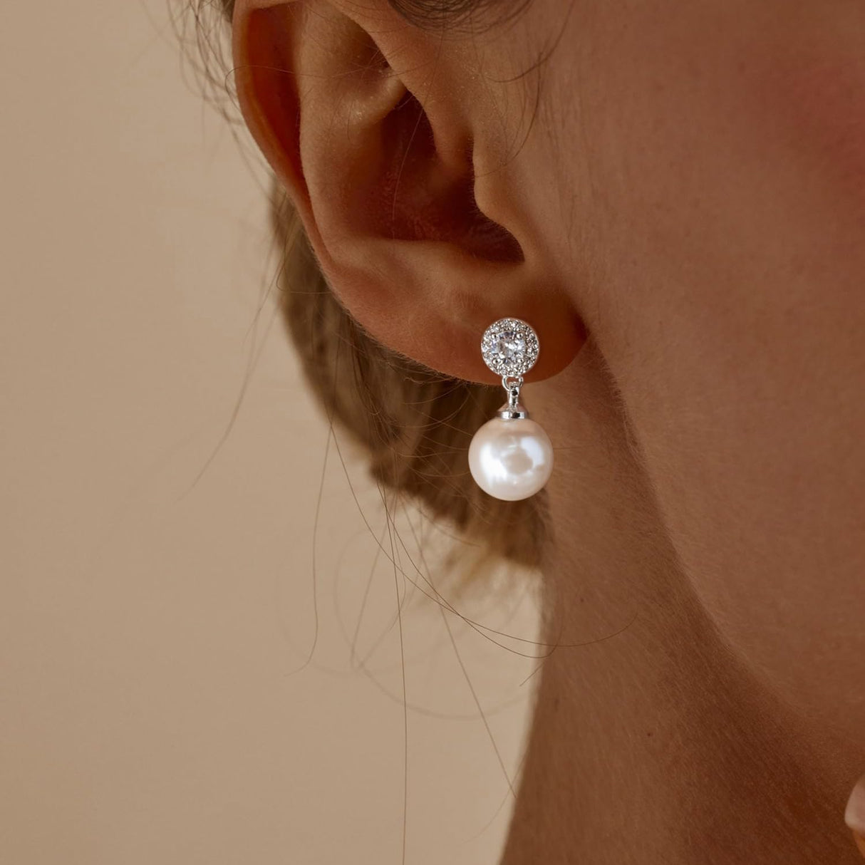 Elegant CZ Pearl Drop Earrings for Women Bridesmaid Wedding Prom (White)