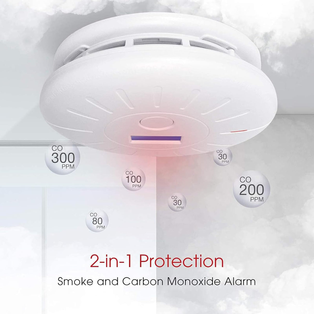 2 Pack 10 Year Battery Operated Smoke and Carbon Monoxide Detector, Portable Fire Co Alarm for Home and Kitchen (White)