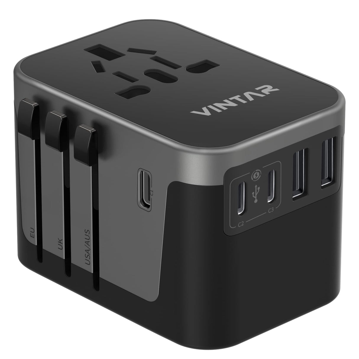Universal Travel Adapter, VINTAR 35.5W International Power Adapter with 3 USB A QC and 2 USB C PD, All in One Plug Adapter Worldwide Travel Essentials for EU/UK/USA/AUS(Type C/G/A/I), Black