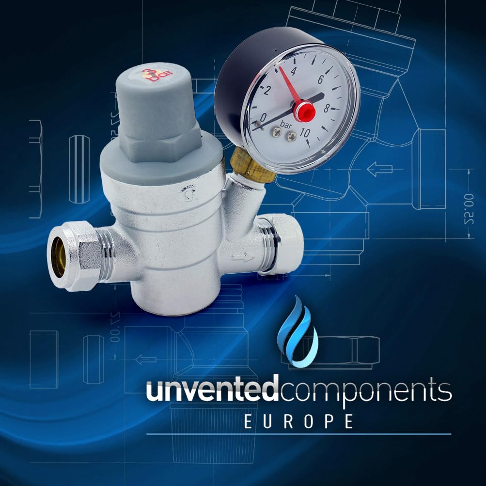 Unvented Components Europe Pressure Reducing Valve with Gauge, Model UN-42-3, 15mm, Adjustable 1-6 Bar, Chrome/Black