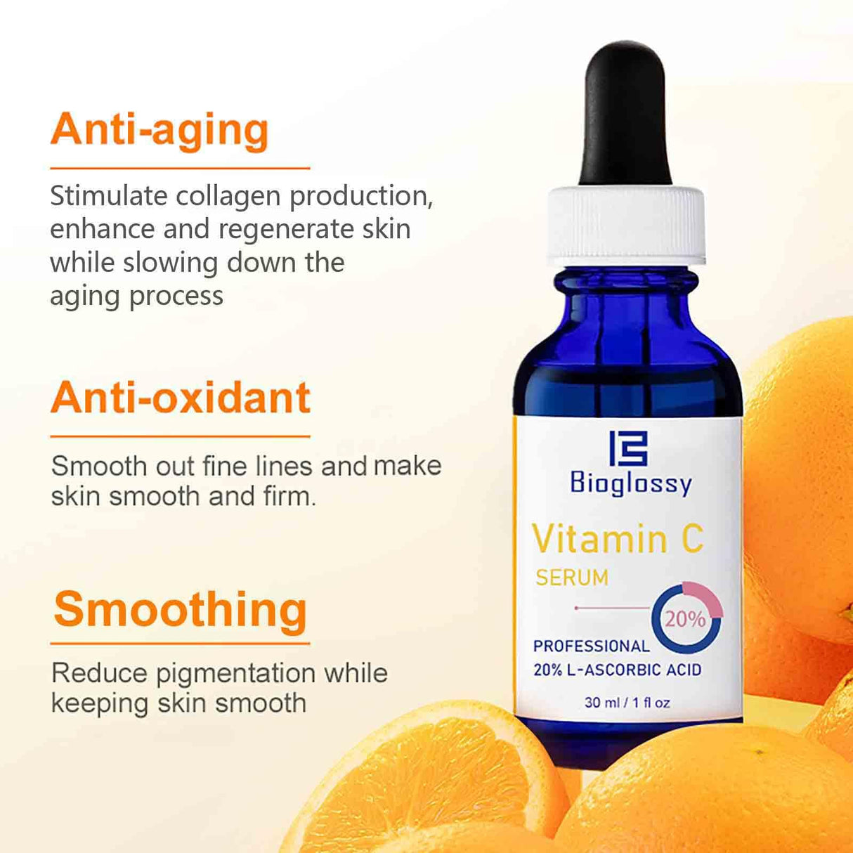 Bioglossy Vitamin C Serum 20%, Professional Vitamin C Face Serum Anti Aging Skin Care, Enhance Skin Radiance Reduce Fine Lines & Wrinkles for Women