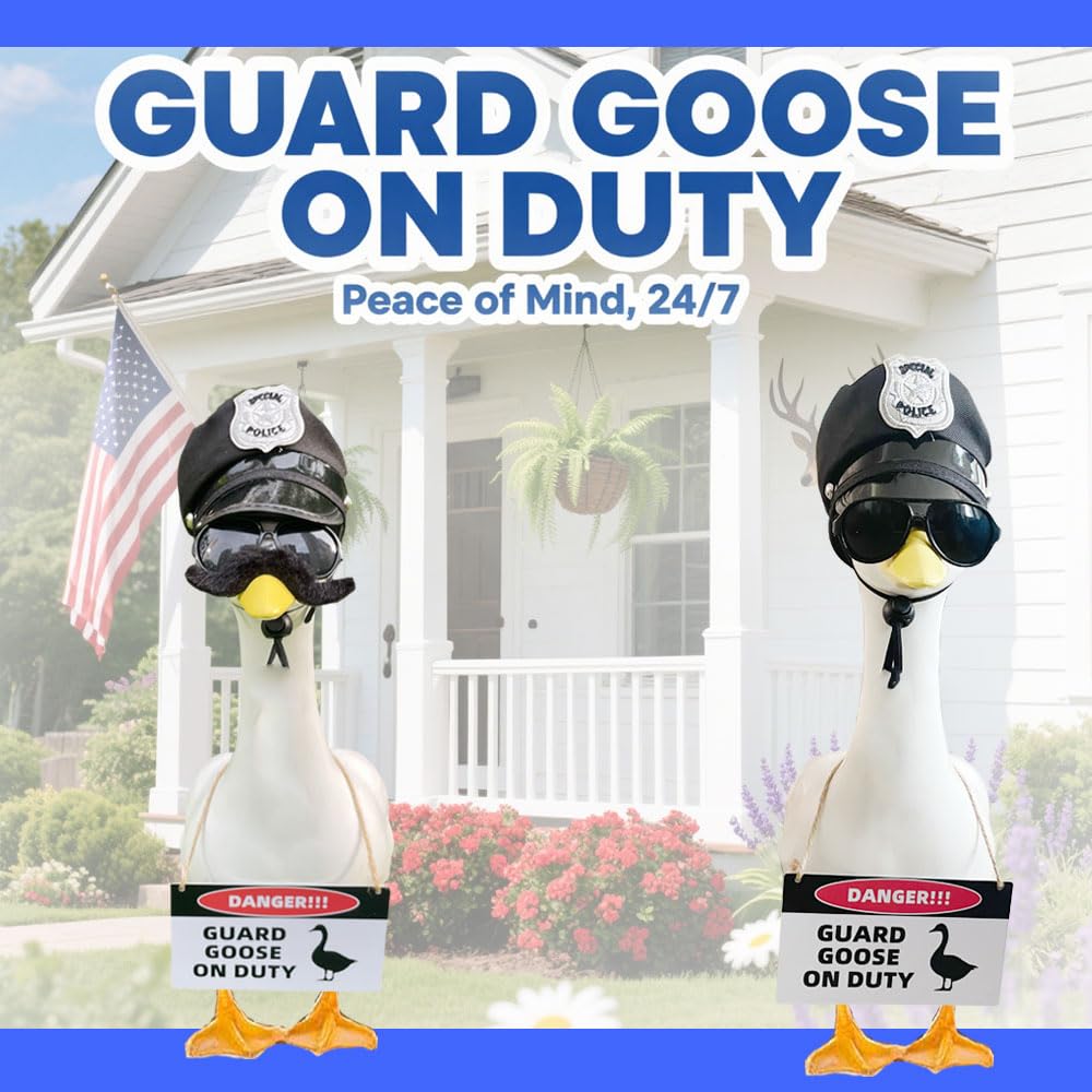 ZANOLY 9pcs Goose Outfit,Porch Goose Outfits,Lawn Goose Statue Costume for 17"/23" Cement Patio Garden Outdoor Statue Decor,Police Hat Eyeglasses PVC Sign Danger Guard Goose on Duty (Police)