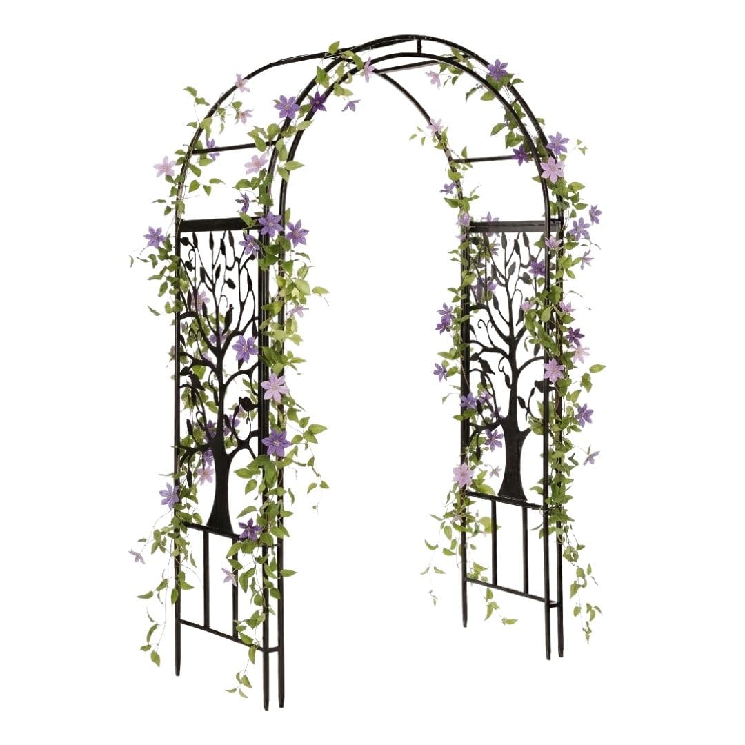 Plow & Hearth Metal Garden Arch Trellis Arbor Tree of Life Panels, 7 feet Freestanding Outdoor Arch Trellis for Climbing Plants, Pathway Entry and Wedding Garden Decor