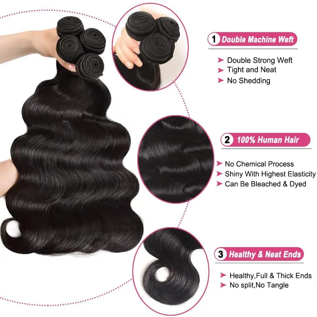 Body Wave Bundles with Closure Human Hair 16 18 20+14 Inch Human Hair Bundles with Closure 100% Brazilian Virgin Body Wave 3 Bundles Human Hair with 4x4 Lace Closure Natural Black