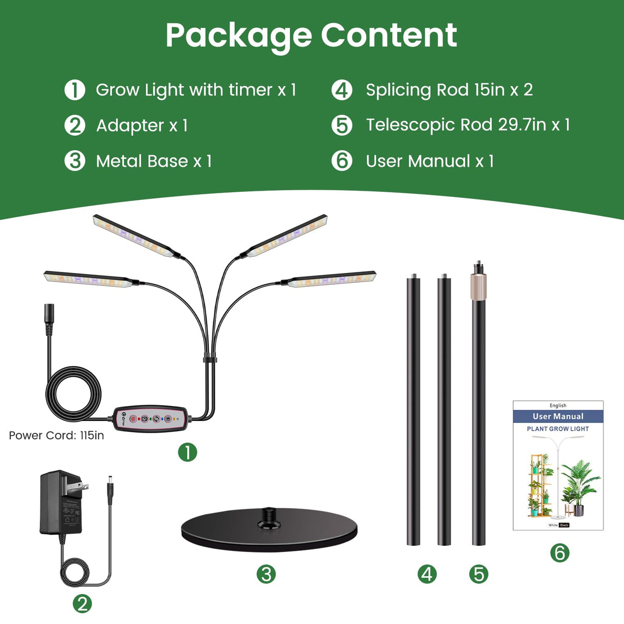 Kullsinss Grow Lights for Indoor Plants with Stand, 4-Heads Full Specturm Plant Grow Light with 4/8/12/16H Timer, 3 Color Modes, 360° Flexible Gooseneck, 24-68.7in Hight Adjustable Grow Lamp, Black