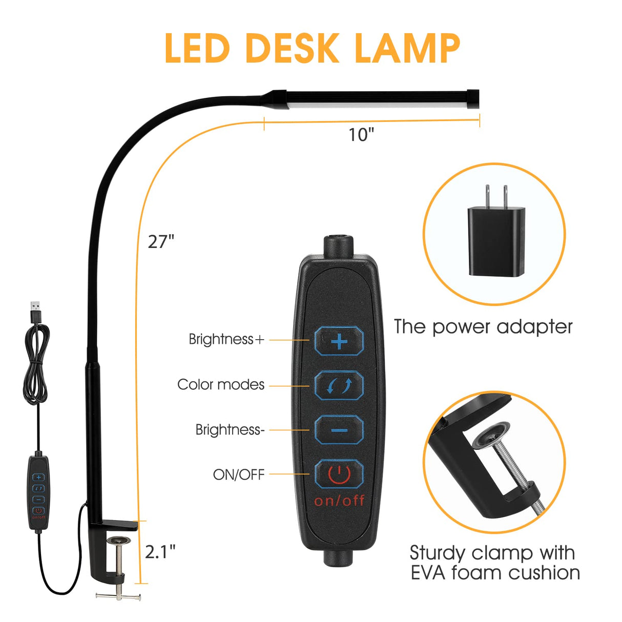 Voncerus LED Desk Lamp with Clamp, Eye-Caring Clip on Lights for Home Office, 3 Modes 10 Brightness, Long Flexible Goose-Neck, Metal, Swing Arm Architect Task Table Lamps with USB Adapter, Black