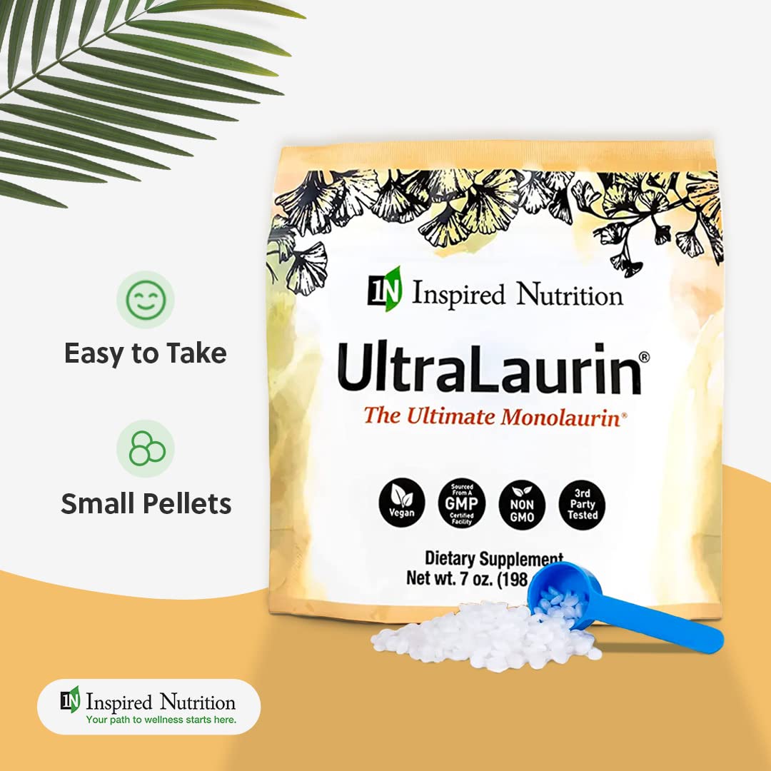 Inspired Nutrition UltraLaurin ® Monolaurin Supplement for Immune Support and Gut Health - Monolaurin Pellets - 7oz - 66 Servings, 3000 mg Each