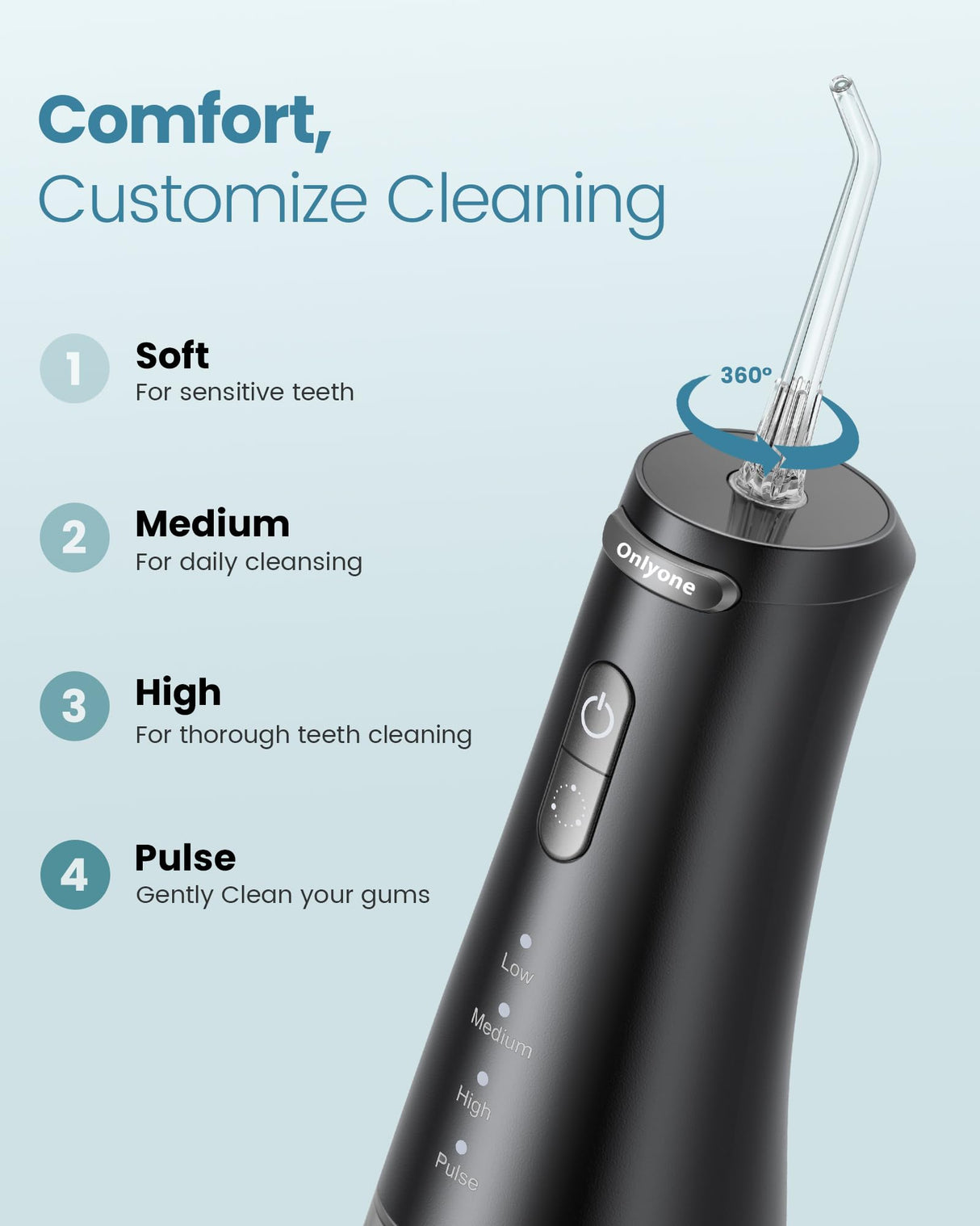 Onlyone Water Dental Flosser, 300ML Portable Oral Irrigator for Teeth, 4 Modes and 5 Jet Tips,Rechargeable Irrigation Cleaner,Electric Flossing Machine Power Flossers & Irrigator Accessories Black