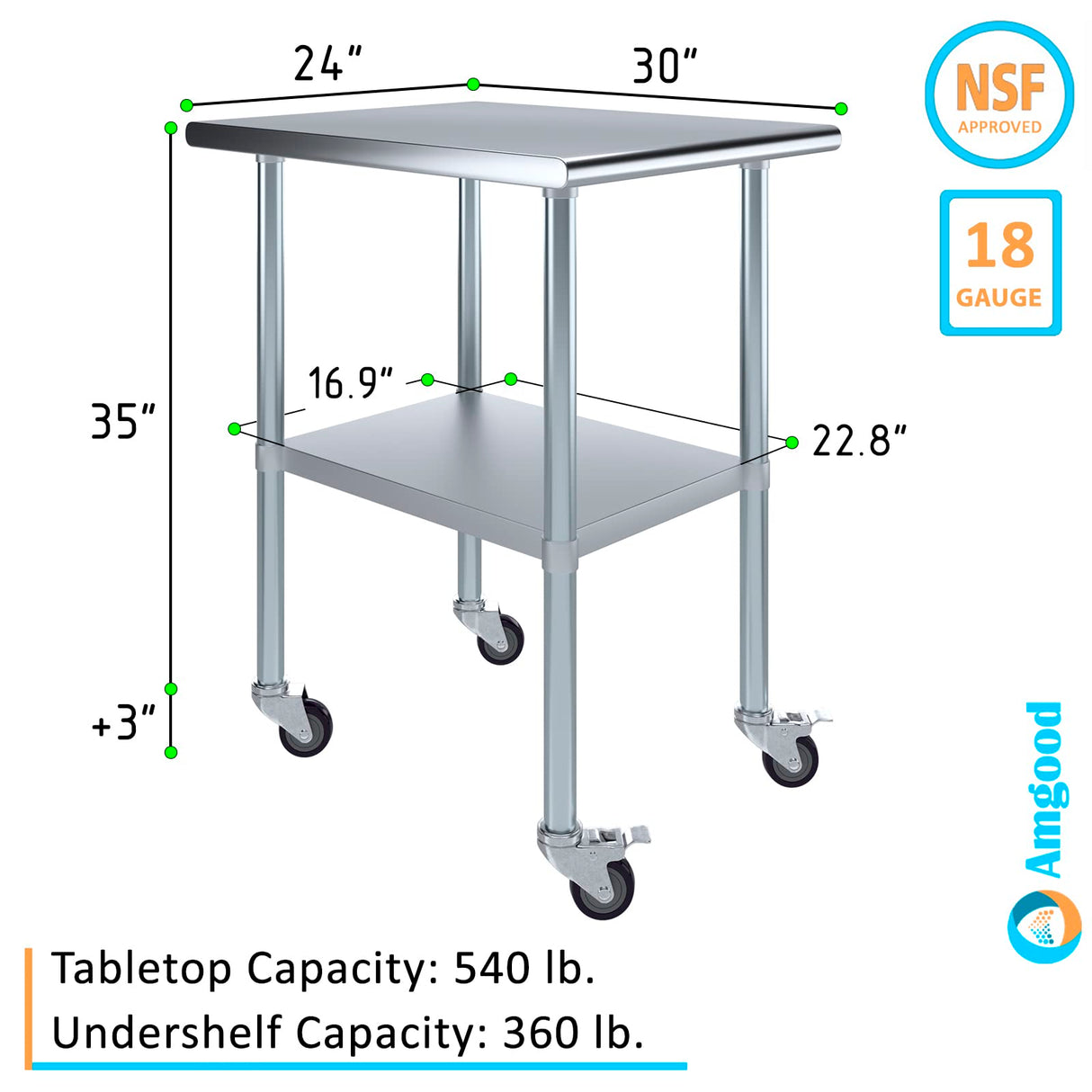 AmGood 30 in. x 24 in. Stainless Steel Work Table with Wheels | Metal Kitchen Food Prep Table | NSF