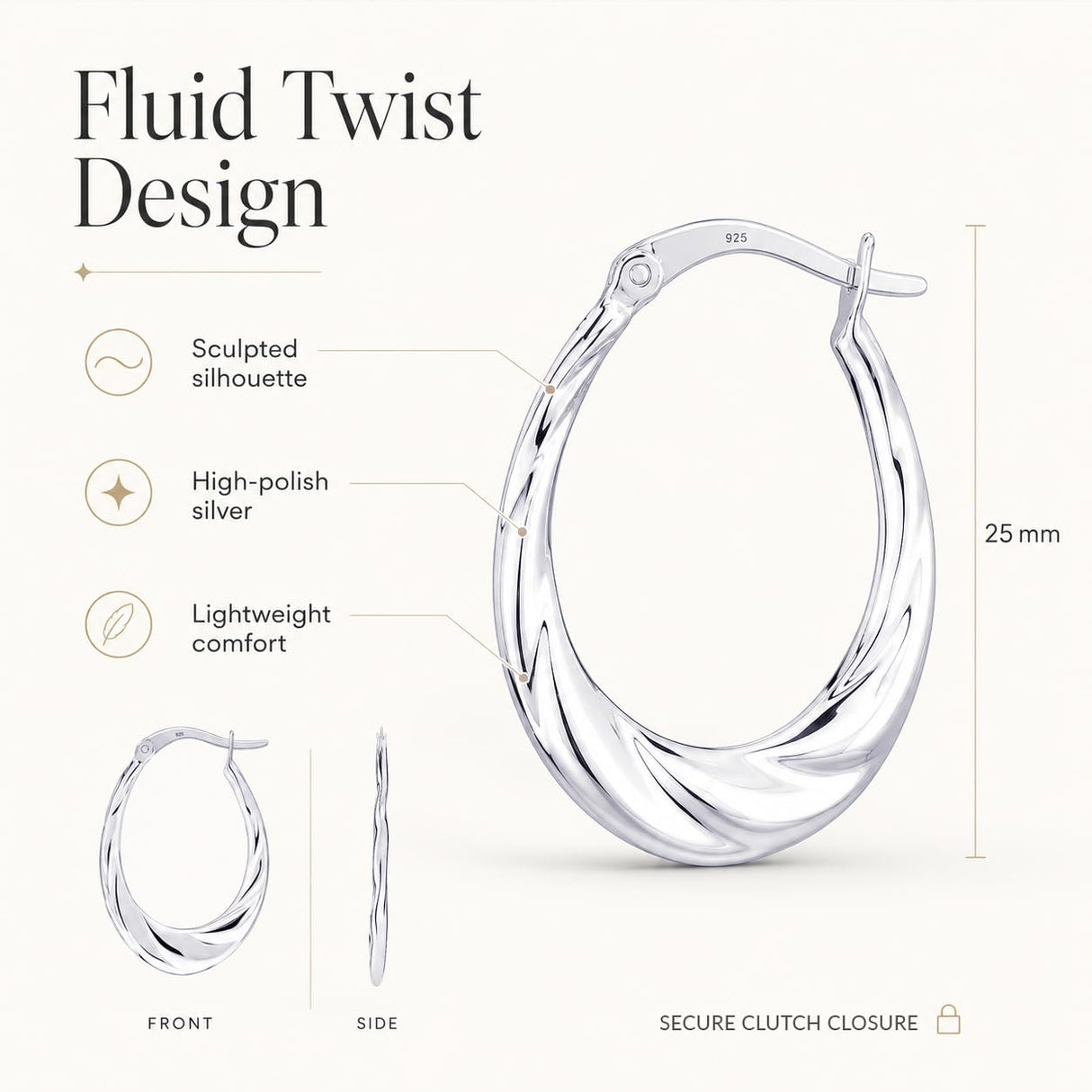 LeCalla 925 Sterling Silver Hoop Earrings | Lightweight Classic Small Oval Shrimp Hoops Earring for Women - 25MM