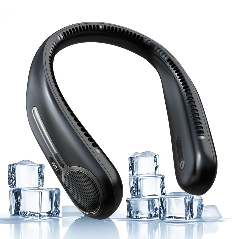 Portable Neck Fan,Hands Free Personal Wearable Bladeless Fan,6000mAh USB Rechargeable,360° Cooling,LED Display,4-Speeds,Birthday Gifts for Men Women Dad Mom,Stocking Stuffers Christmas Gifts (Black)