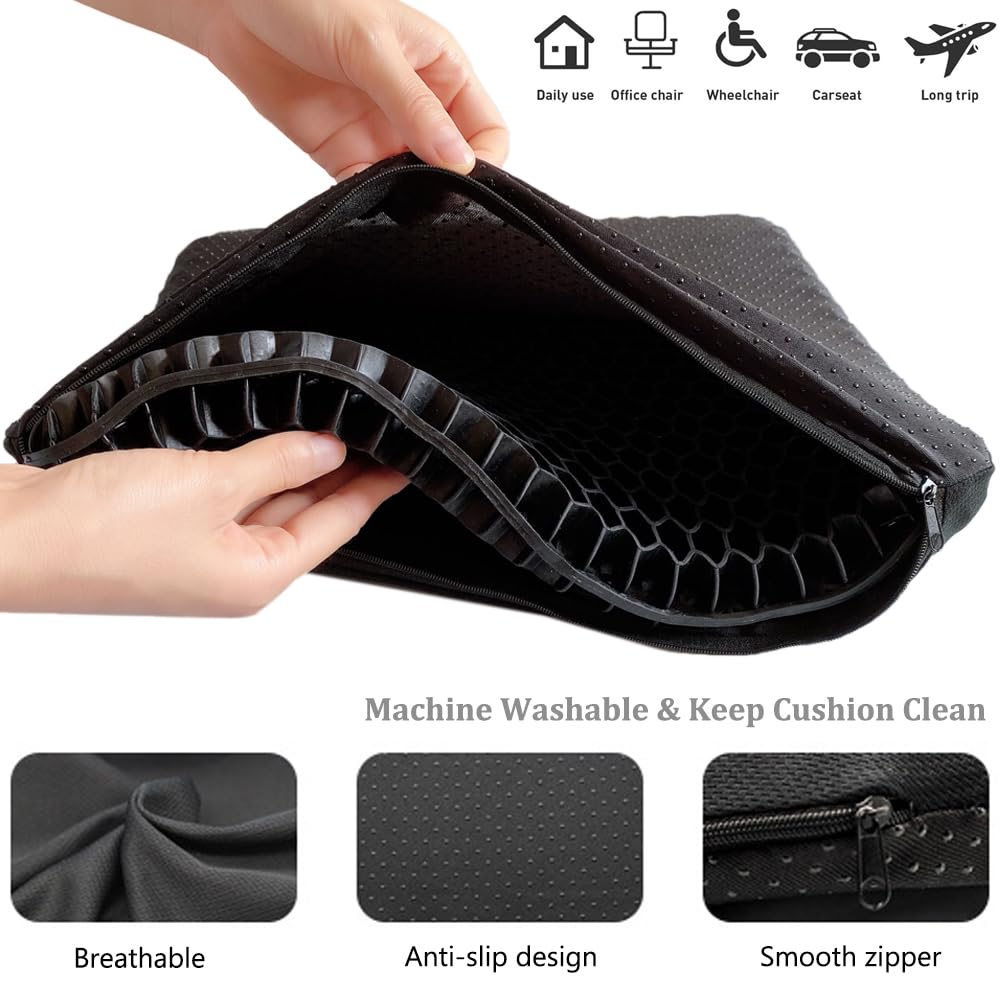 Gel Seat Cushion, Double Thick Egg Gel Cushion for Pressure Pain Relief, Breathable Wheelchair Cushion Chair Pads for Car Seat Office Chair (Black)
