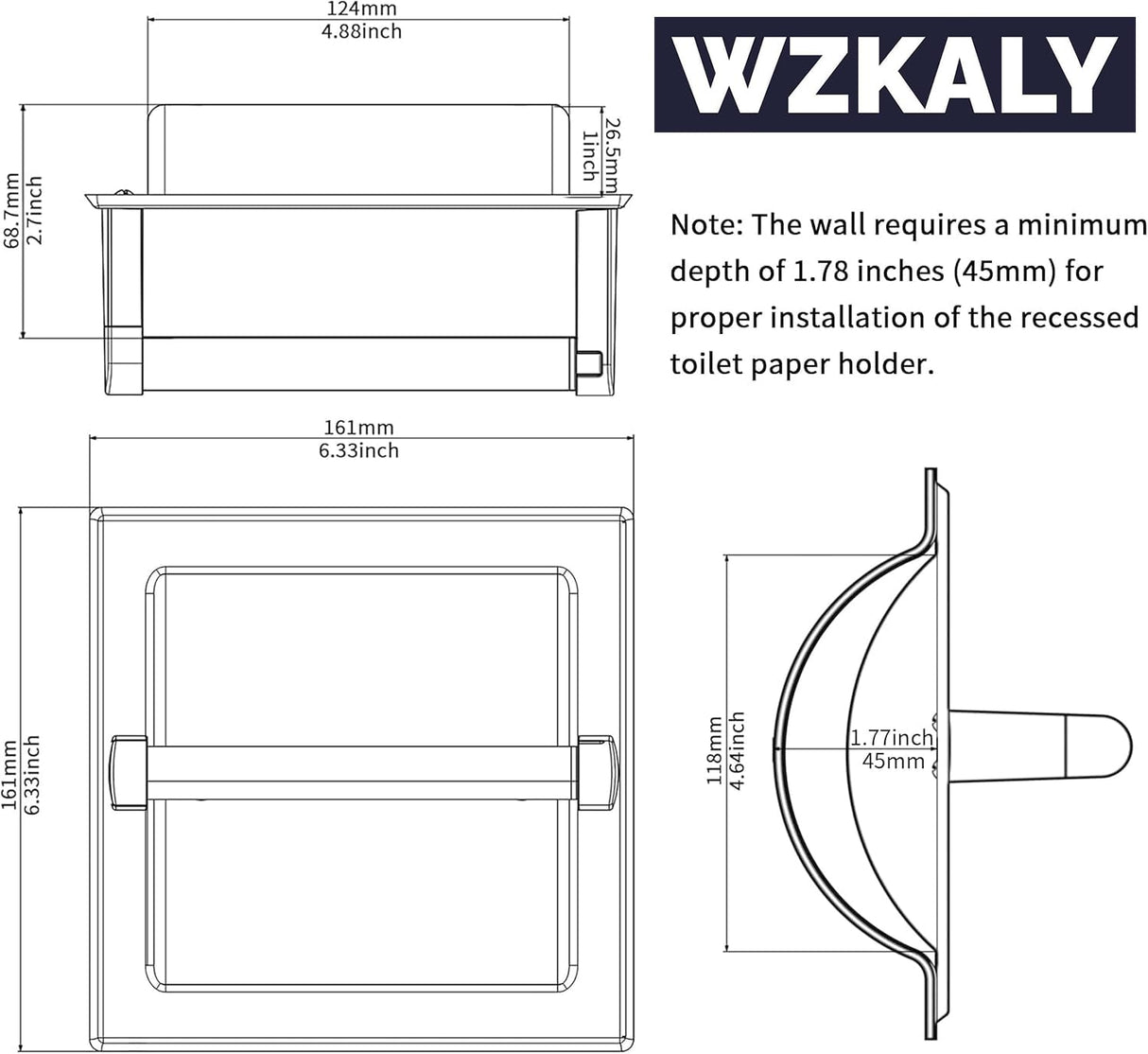 WZKALY Matte Black Recessed Toilet Paper Holder for Large Rolls, Pivoting Black Toilet Paper Holder Wall Mount Stainless Steel, in Wall Toilet Paper Holders Black, Bathroom Toilet Paper Wall Holder