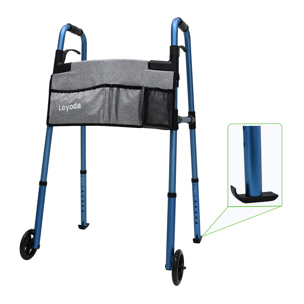 Loyoda Folding Walkers for Seniors,FSA/HSA Eligible Medical Walker 5'' Front Wheel Lightweight Walker with Storage Bag and Skis Glides Height Adjustable Aluminum Compact Standard Walker （Blue）