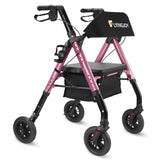 FlyingJoy Rollator Walkers for Seniors, Foldable Rolling Walker with Ergonomic Seat, Armrest, Brake, and Wide Backrest, Adjustable Height, Weight 300 lbs, 8" 4 Wheels Suitable for All Terrains, Pink