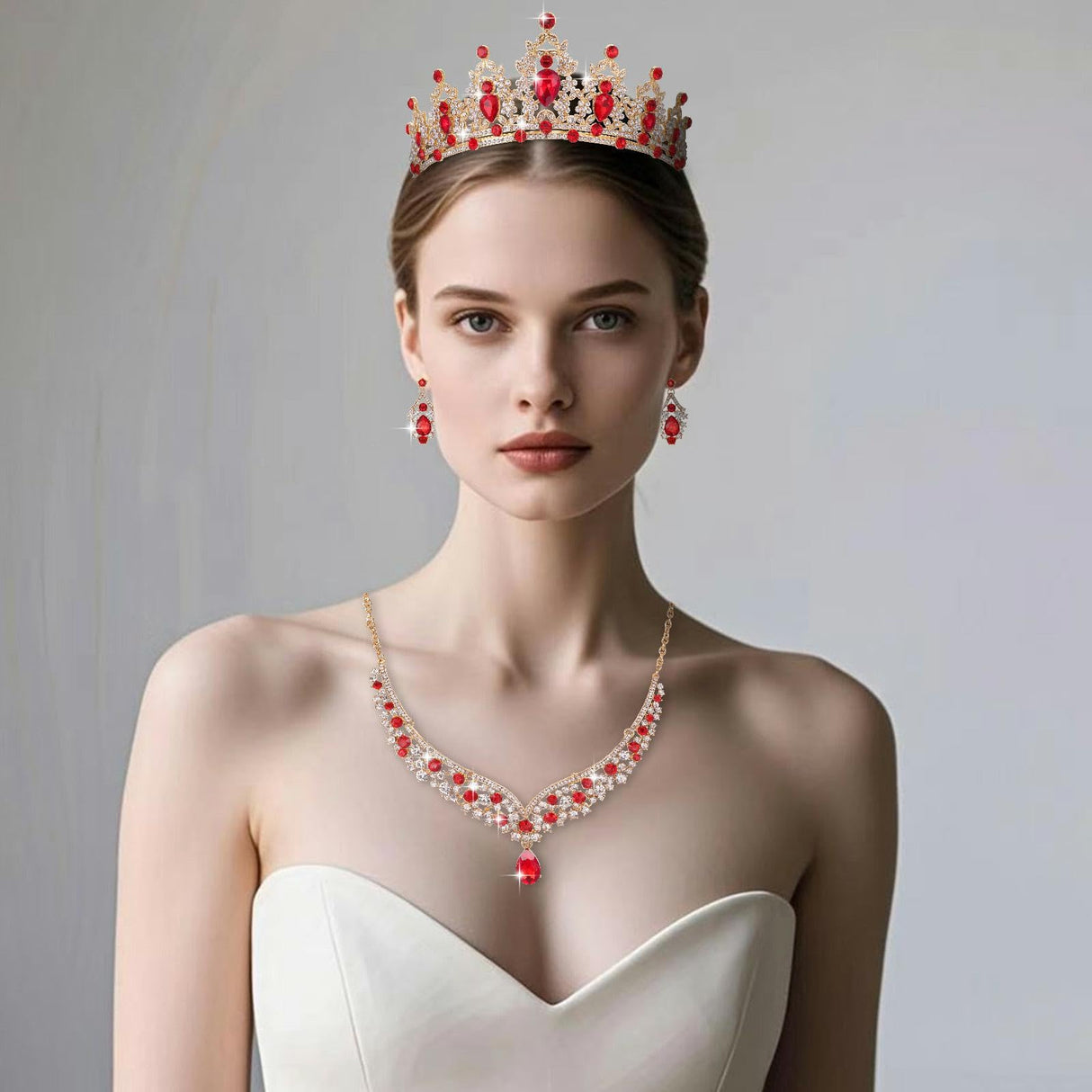 Geurlev Tiaras and Crowns for Women,Tiaras Earrings Necklace, Crystal Bridal Jewelry Set (Gold Red)