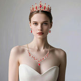 Geurlev Tiaras and Crowns for Women,Tiaras Earrings Necklace, Crystal Bridal Jewelry Set (Gold Red)