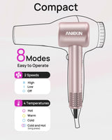 Hair Dryer, High-Speed Ionic Low Noise Blow Dryer with Brushless Motor for Fast Drying, Thermo-Control Quiet Compact Hair Blow Dryer with Magnetic Diffuser for Curly Hair for Home Travel Salon