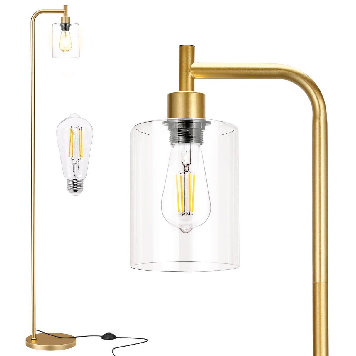 Ziisee Floor Lamps for Living Room - Industrial Standing Lamp with Glass Shade, Modern Gold Floor Lamp with LED Bulbs, Farmhouse Floor Lamp for Bedroom, Tall Lamp for Office - Gold