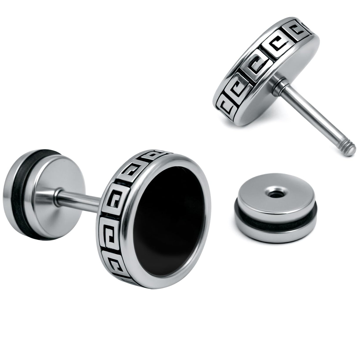【Hypoallergenic Earrings for Men】-18G Flat Mens Surgical Steel Black Stud Earring 10mm (0.4")-【For Sensitive Skin & New Piercings】 Textured Brick Design Pair 0.28oz Men's jewelry-Para Hombre (Black)