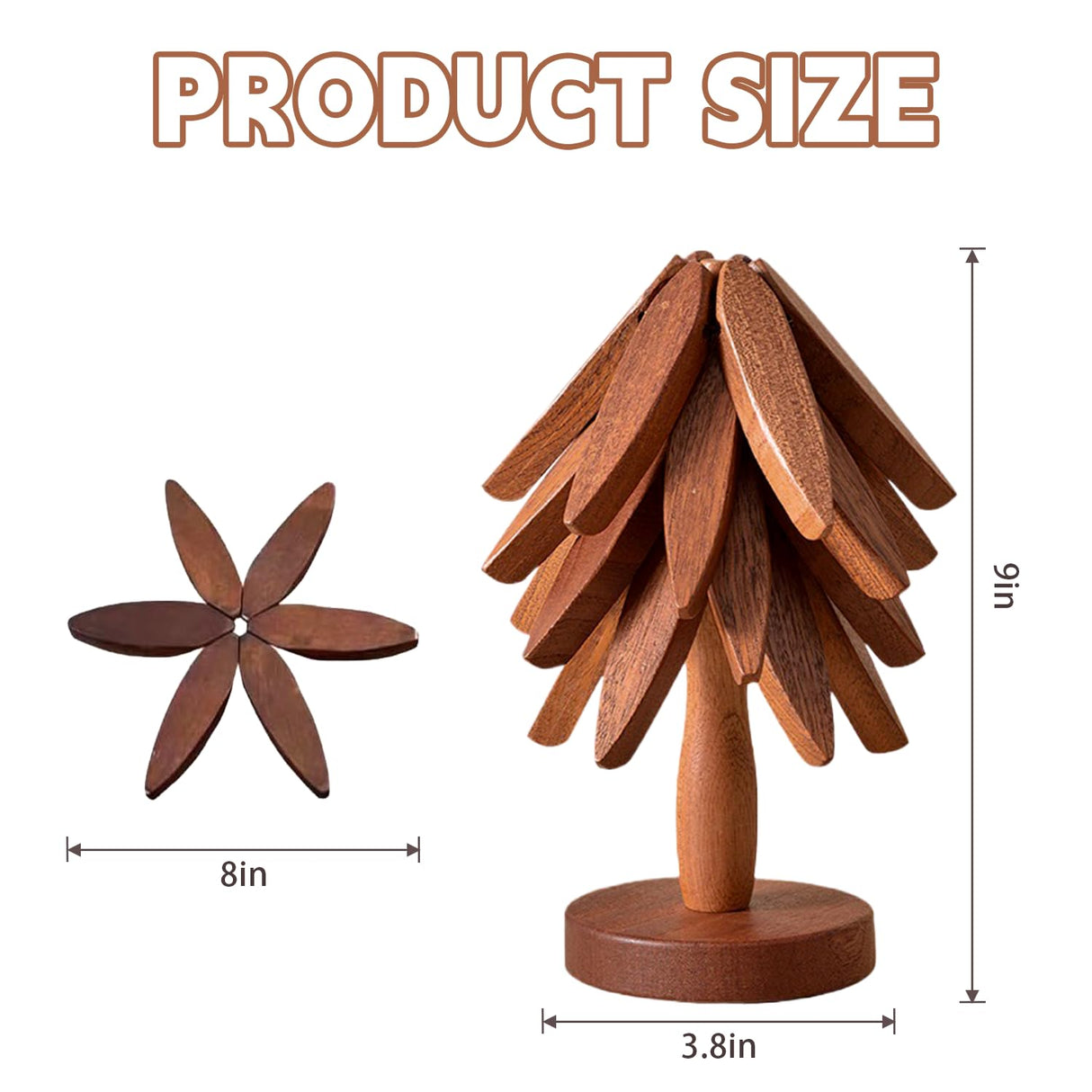 Wooden Trivets for Hot Dishes, Tree Shape Trivet Set, 4 Walnut Wood + 1 Stand stored Like a Christmas Tree,Foldable Kitchen Wooden Trivet,for Hot Dishes、Pot、Bowl、Teapot、Hot Pot Holder(Walnut Wood)