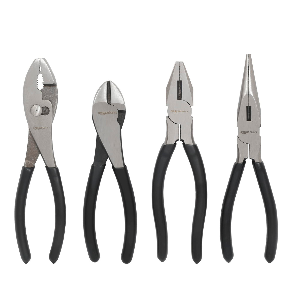 Amazon Basics Pliers Set, Hand Tools for Precision, Cutting Wire Cutter with Needle Nose and Diagonal, Quality Tool Set for Home Maintenance, Set of 4, Black and Silver