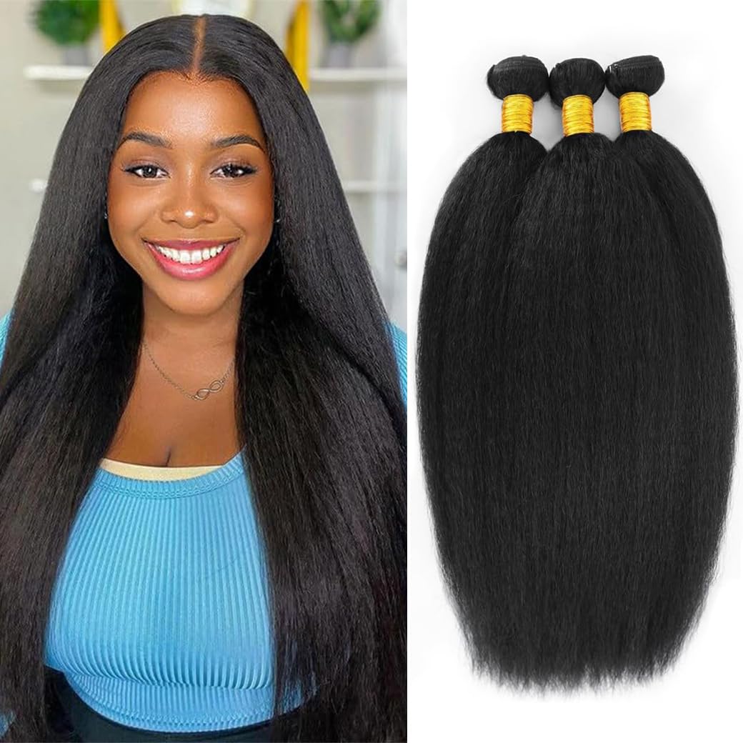 HAKDTFA Yaki Straight Bundles Kinky Straight Bundles Human Hair 16 18 20 Inch 3 Bundles 12A 100% Unprocessed Brazilian Kinkystraight Bundles Human Hair Natural Black