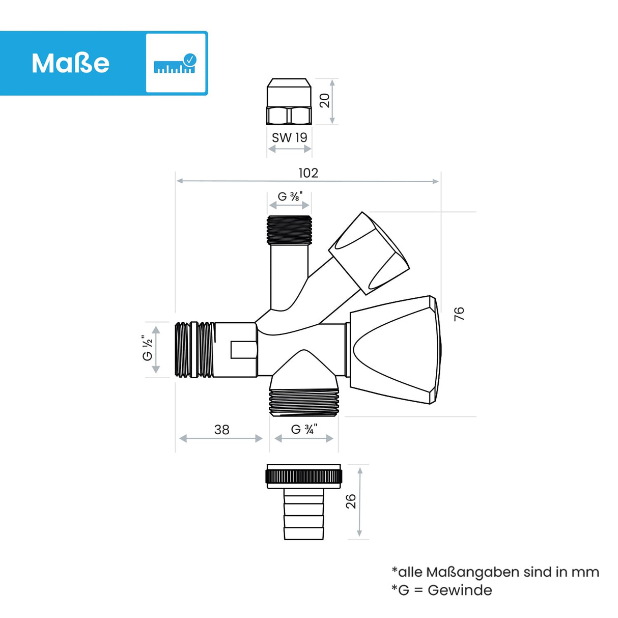 Valvola Angolare Combinata Universale Bächlein Autosigillante, Valvola Angolare Combinata per Tubi dell'Acqua Fredda e Calda con un'Ampia Gamma di Opzioni di Collegamento, Valvola Angolare