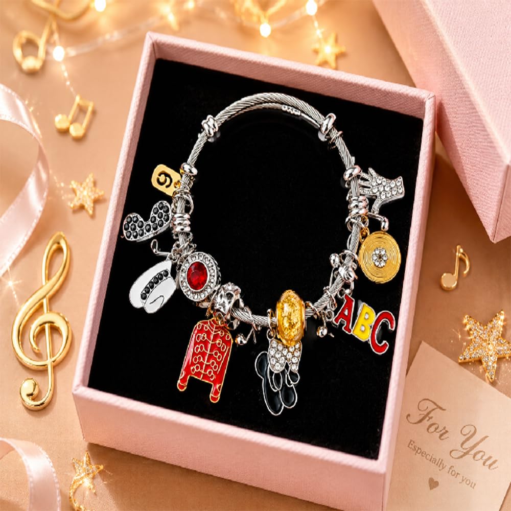 PINPCOO Adjustable Retro Music Legend Bracelet with Red Jacket Hat Glove ABC Charms, Fan Birthday Memorial Gift