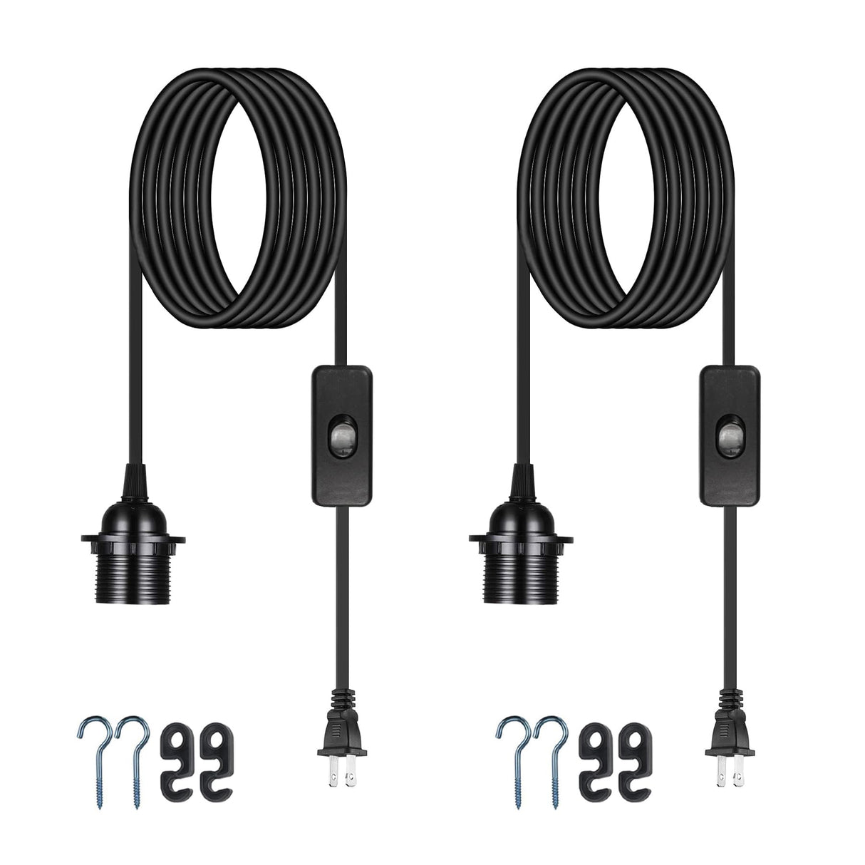 Zarnicy Plug in Pendant Light Cord - 16Ft Hanging Light Kit E26/E27 Light Socket Hanging Lantern Lamp Cord with On/Off Switch,Socket Rings, 2 Pack, Black