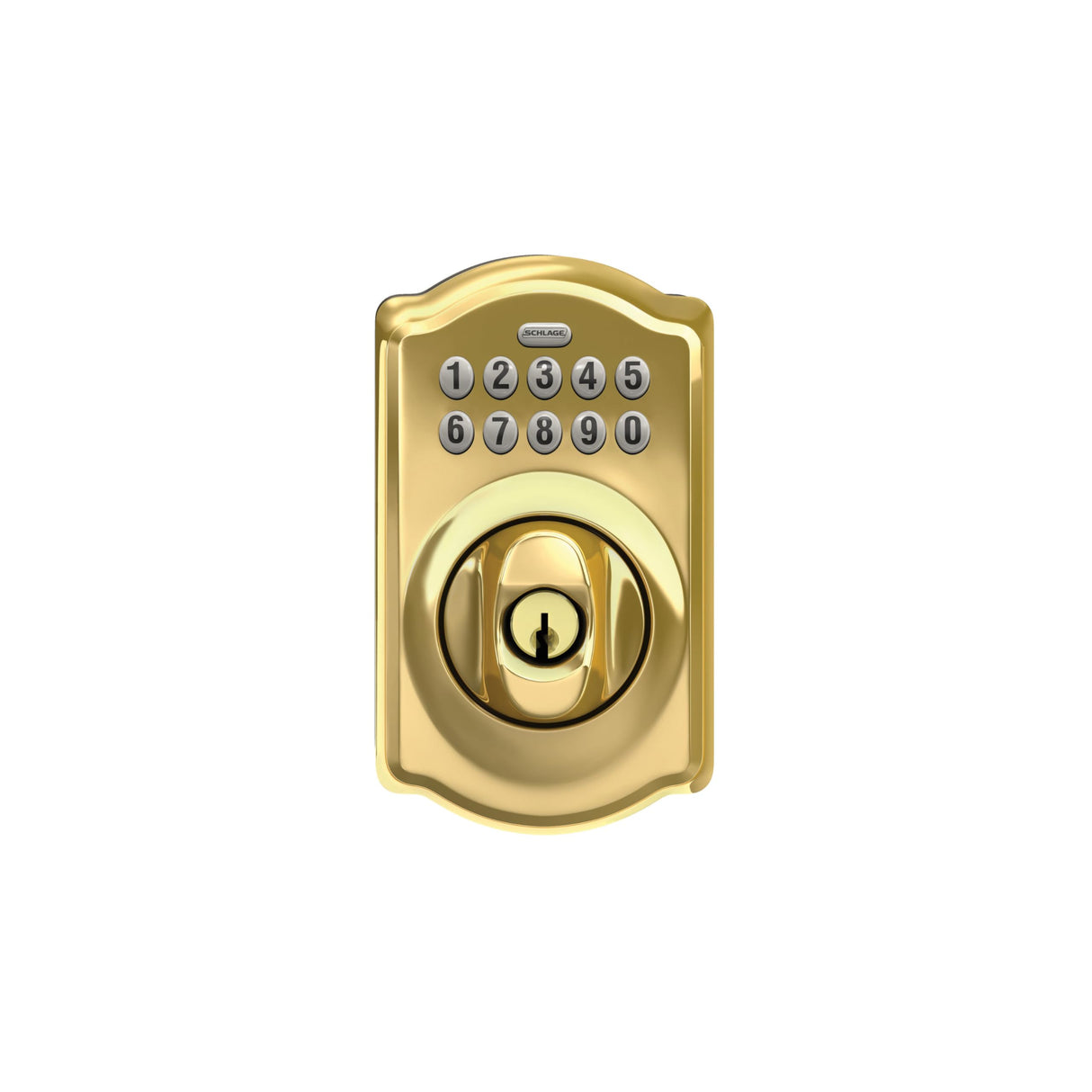 Schlage Camelot Electronic Keypad Deadbolt Lock, Keyless Front Door Entry, Mechanical Key Backup Included, Bright Brass, BE365 CAM 505