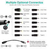Universal Power Supply 3V~24V 3A 72W Adjustable Variable 3V 5V 9V 12V 18V 20V 24V AC/DC Adapter Charger, 100V-240V AC to DC Converter with 14 Tips, Polarity Converter and 4-Way Power Splitter Cable