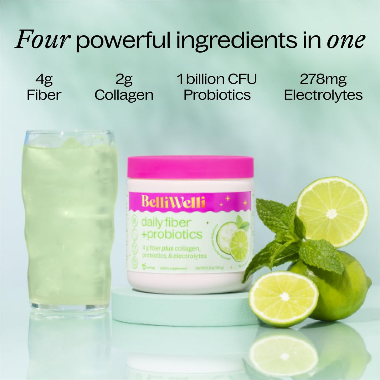 Belli Welli Fiber Supplement for Women & Men – Premium Daily Fiber Powder from Organic Acacia with Added Collagen, Electrolytes & Probiotics – No Bloat, Constipation & Gut Health Support (Cucumber)