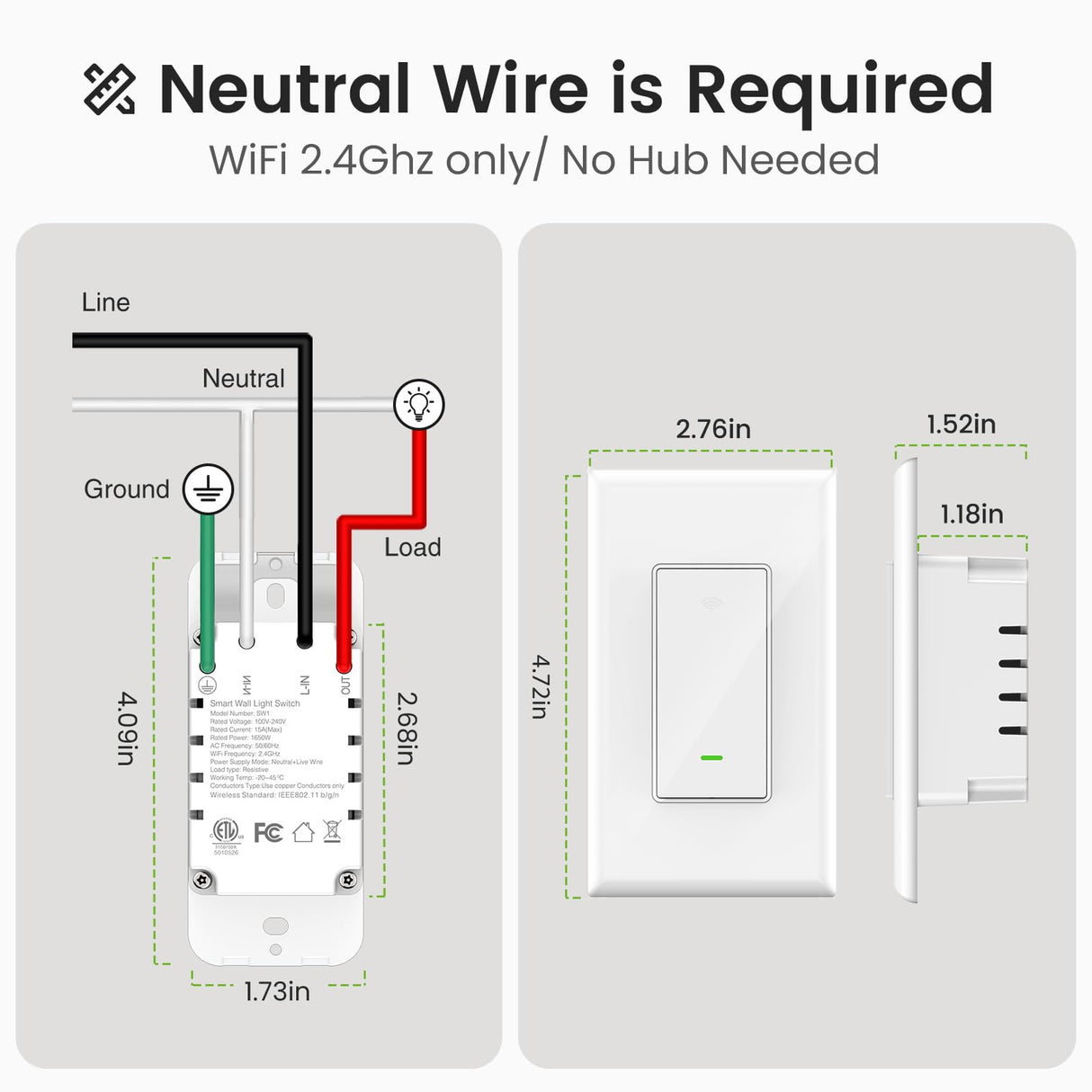 GHome Smart Switches for Lights, WiFi Smart Light Switch Works with Alexa and Google Home, Neutral Wire Required, 2.4Ghz WiFi Light Switch with APP Control, Single Pole Smart Switch, 3
