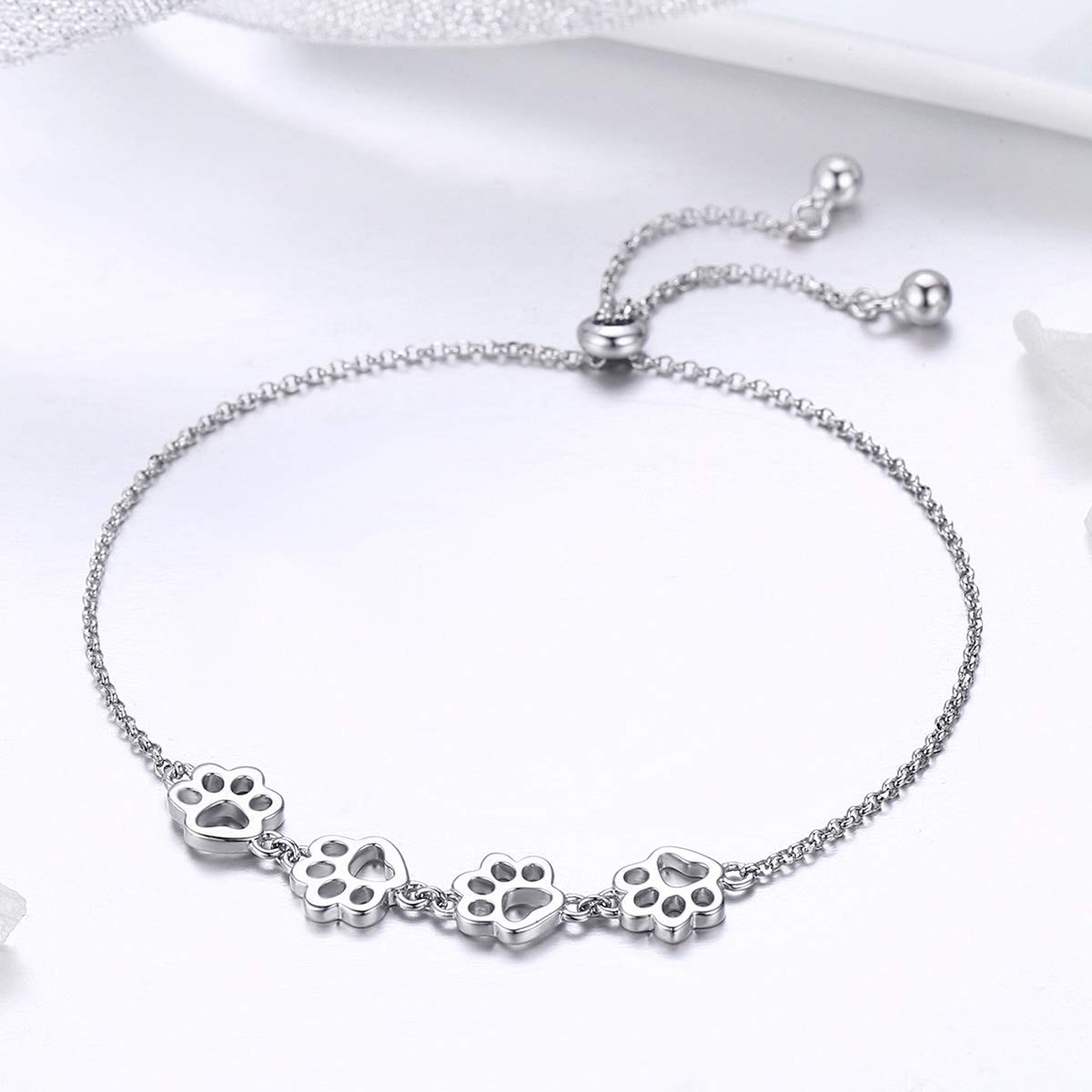 BISAER 925 Sterling Silver Cat Dog Paw Print Charm Bracelet for Women