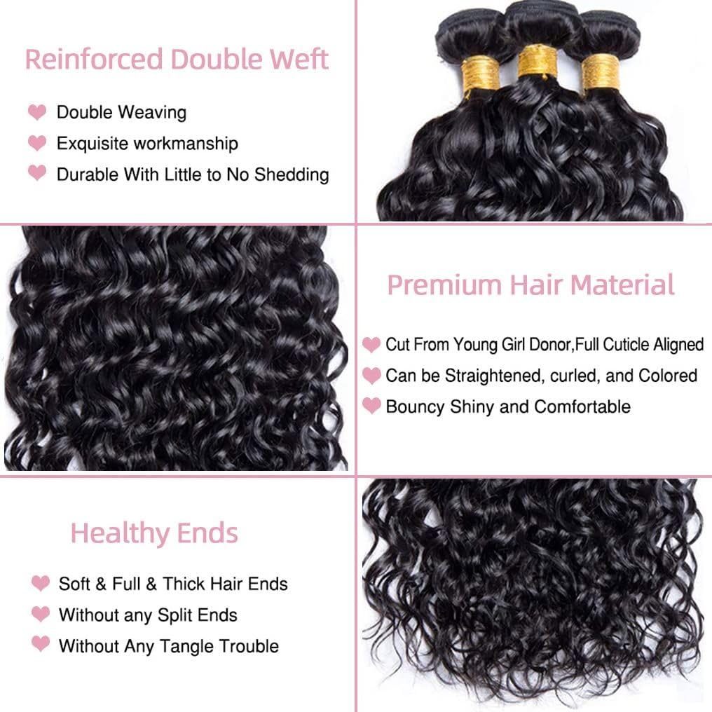 Halerp Water Wave Human Hair Bundles 20 22 24 26 Inch Curly 4 Bundles Human Hair 12A Unprocessed Brazilian Virgin Weave Deep Wave Hair Extension Natural Black