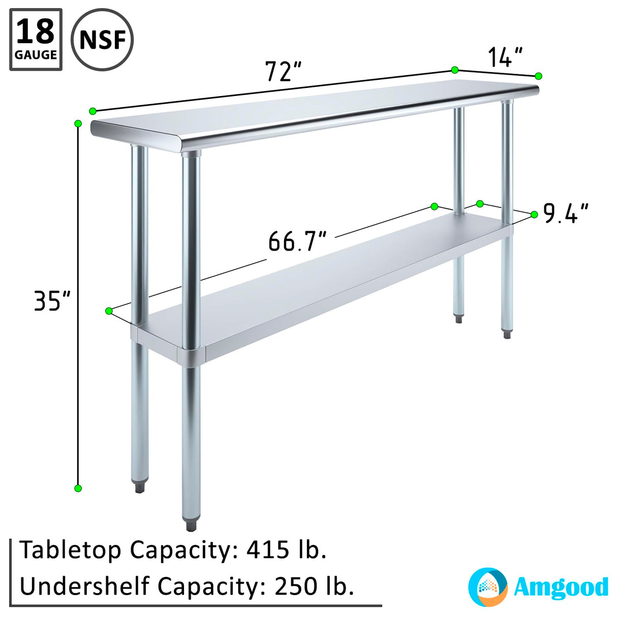 AmGood 14 in. x 72 in. Stainless Steel Work Table | Metal Kitchen Food Prep Table | NSF