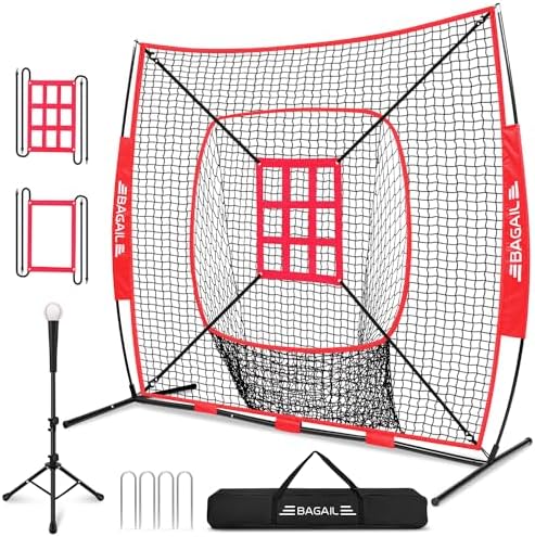 BAGAIL 7x7 ft Baseball & Softball Practice Net with Bow Frame for Batting, Hitting, Pitching, Portable Baseball Throwing Net with 2 Strike Zone Batting Tee, Carry Bag, Great for All Levels