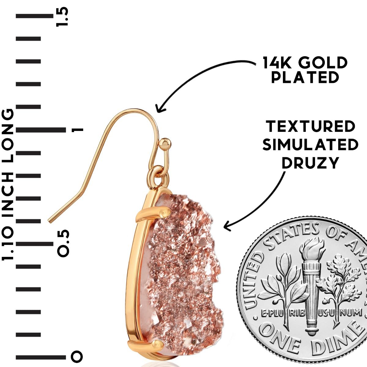 Rose Gold Tone Earrings for Women Dangling, Pink Faux Druzy Teardrop Dangle