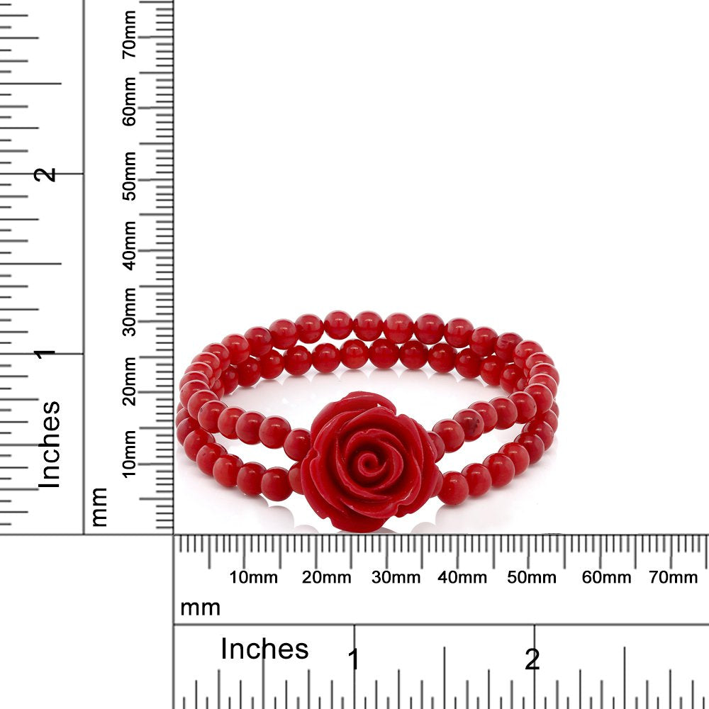 Gem Stone King 7 Inch Red Simulated Coral Bead Rose Flower Stretch Bracelet For Women 5mm
