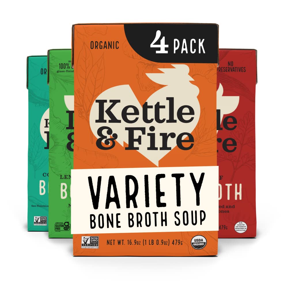 Kettle and Fire Beef and Chicken Beef Bone Broth Variety Pack, Keto, Paleo, and Whole 30 Approved, Gluten Free, High in Protein and Collagen, 4 Pack