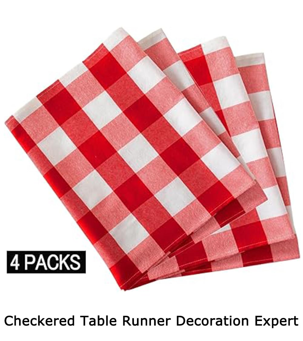 ShinyBeauty 4 Packs Checkered Table Runners 108 Inches Long Red and White Table Runner Christmas Decorations Farmhouse Plaid Linen for Dinning Party Outdoor Tables (14”X108”)