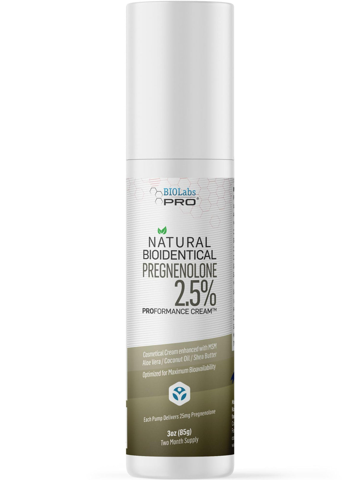 BIOLABS PRO Pregnenolone, All Natural Bioidentical Pregnenolone, 2.5% Maximum Strength, Two-Month Supply (Unscented - 3oz)