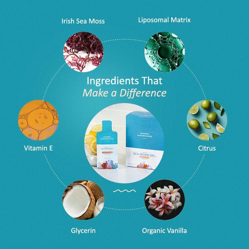 Akasha Superfoods Irish Sea Moss Gel, Liposomal Seamoss with Irish Sea Moss, Vitamin E, Citrus, Organic Vanilla, Glycerin, Skin, Energy & Gut Health Support for Women & Men, Sweet Citrus Flavor, 30 Ct