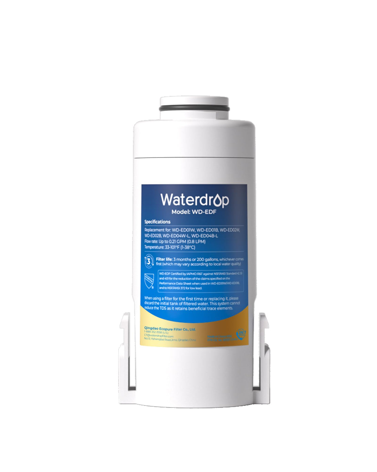 Waterdrop EDF Water Filter Replacement for Waterdrop ED01/ED02/ED04 Electric Water Filter Pitcher, 3 Months or 200 Gallons, NSF/ANSI 401&53&42&372, 1 Pack