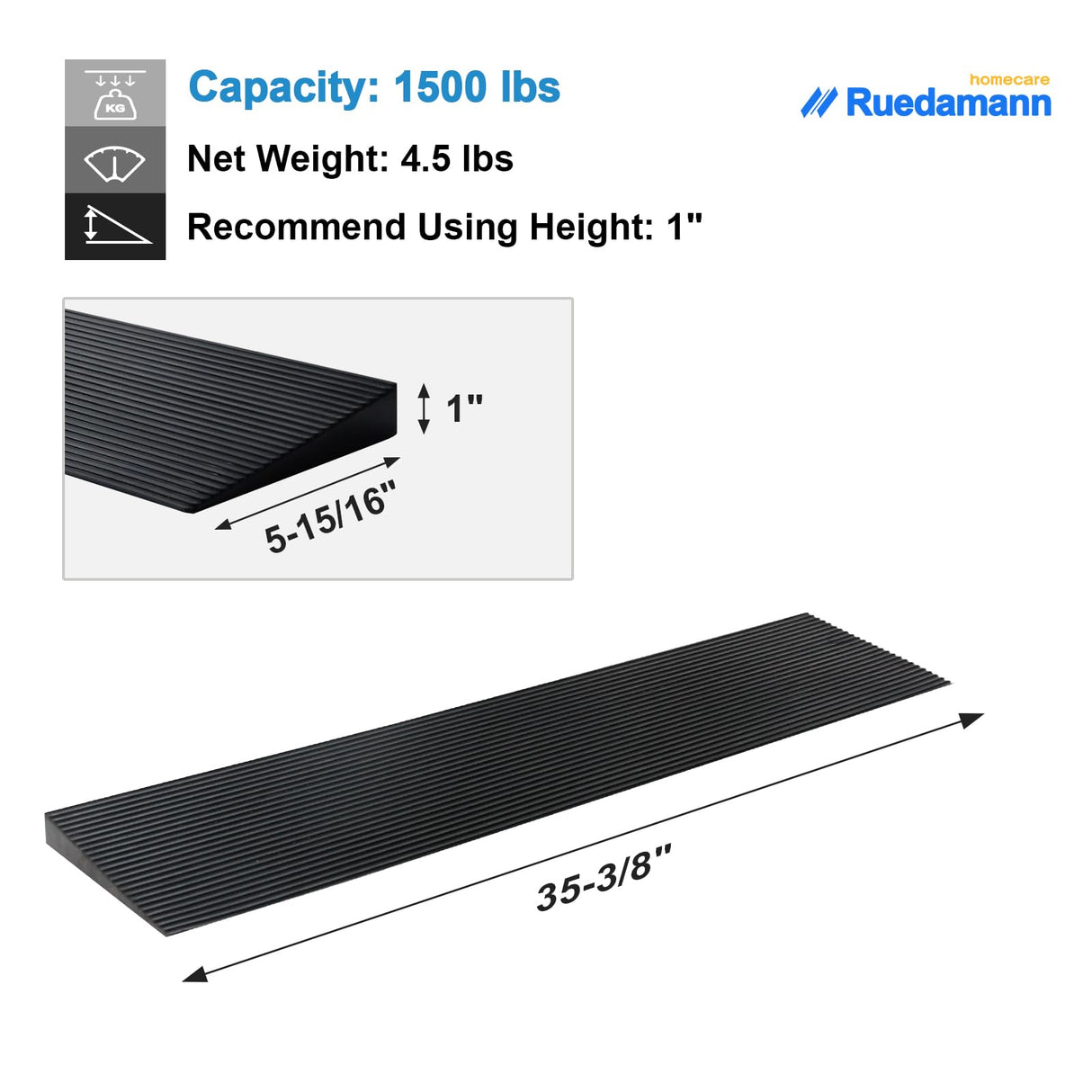 Ruedamann 1" Rise Threshold Ramp,1500 LBS Capacity, 35.4" Wide Natural Rubber Power Wheelchair Ramp, Cuttable for Doorways, Non-Slip Rubber Threshold Ramp for Doorways,Driveways, Bathroom