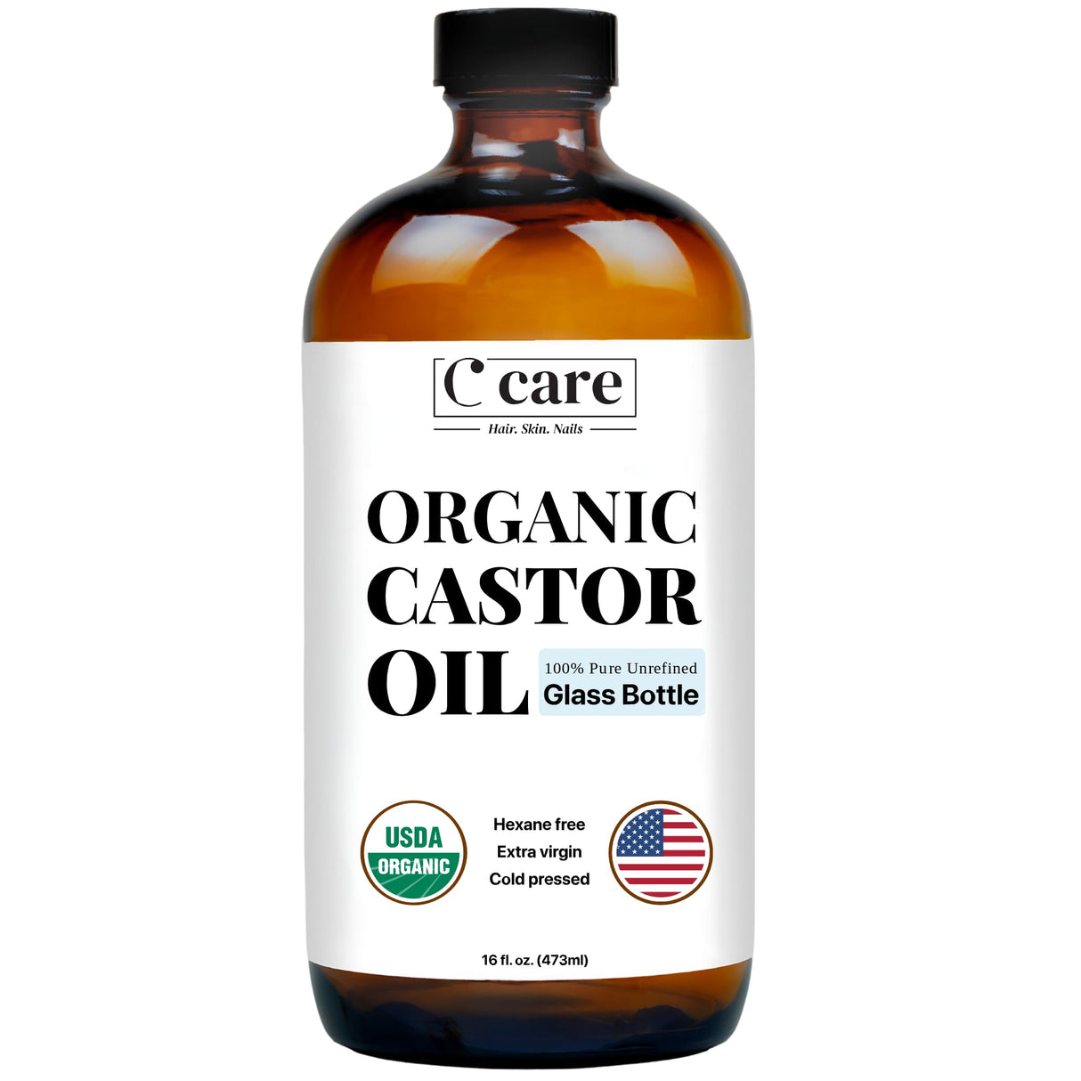 Castor Oil 100% Pure Organic Cold Pressed Unrefined Glass Bottle | USDA Certified Organic | Hexane Free Extra Virgin | For Hair Growth Eyebrows Eyelashes Skin and Castor Oil Pack Wrap | 16oz