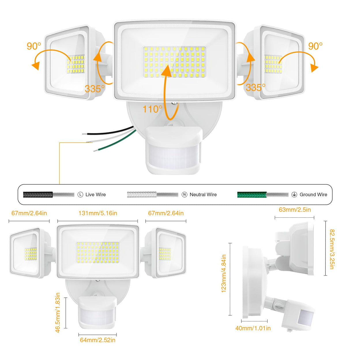 Onforu 75W LED Flood Light Motion Sensor Outdoor, 7000lm Dusk to Dawn Flood Light, Security Light with Three Head, IP65 Waterproof Exterior Floodlight, 6500k Wall Light for Entryway Stairs Yard Garage