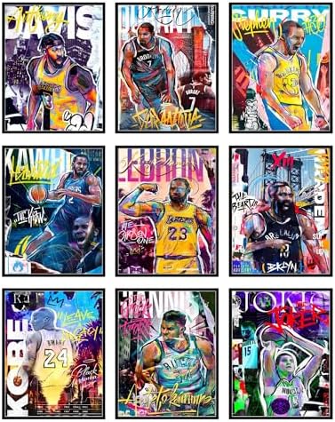 Bigwig Prints Basketball Posters for Boys Bedroom - Basketball Room Decor, Nba Posters, Steph Curry, Kobe Bryant Wall Art, Kevin Durant, Lebron James, Sports Art For Bedroom - Unframed Set of 9 (8x10)