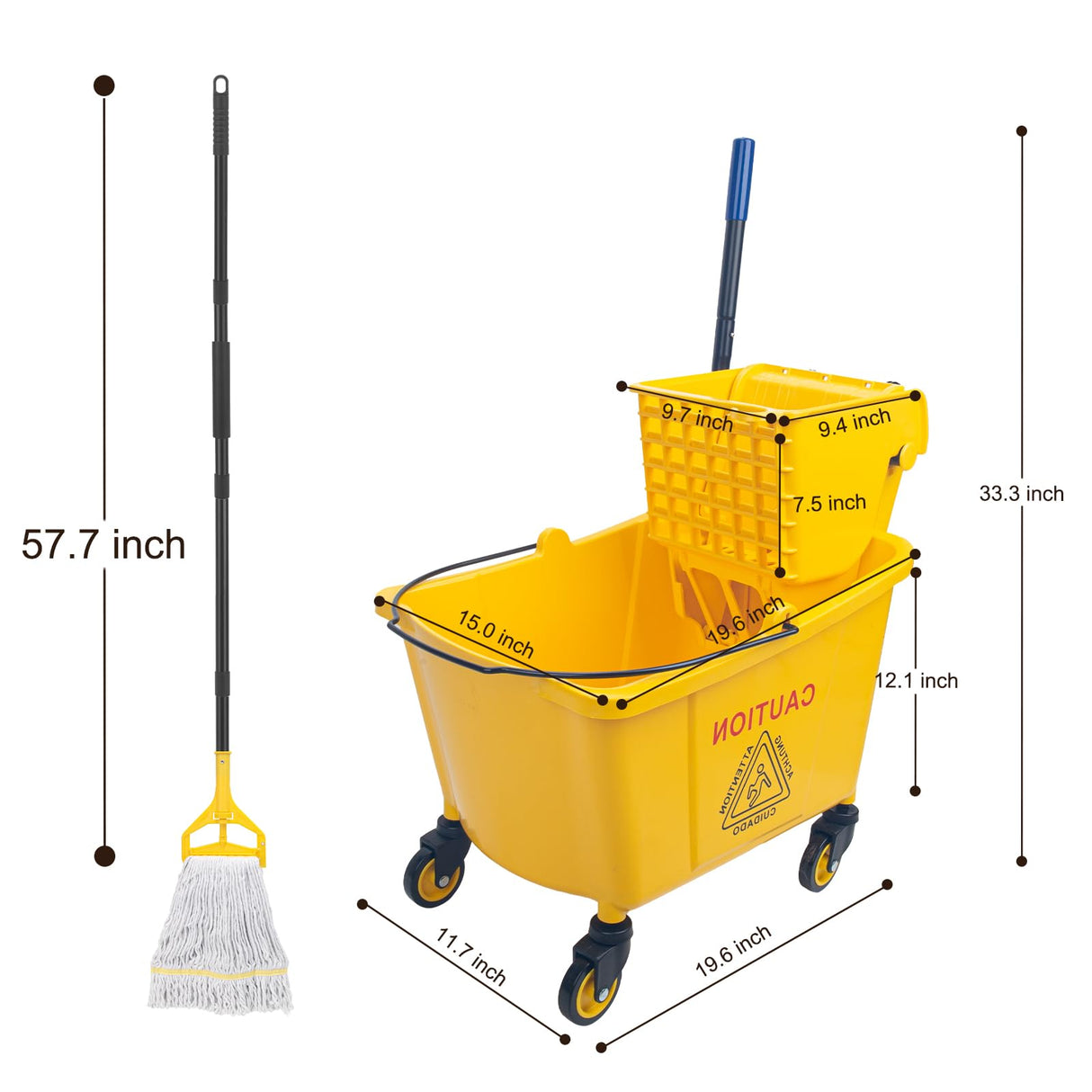 KeFanta 35 Quart Commercial Mop Bucket with Side Press Wringer on Wheels,Yellow,Include Heavy Duty Industrial Mop for Floor Cleaning,Household,Business,Restaurants and Janitorial Use